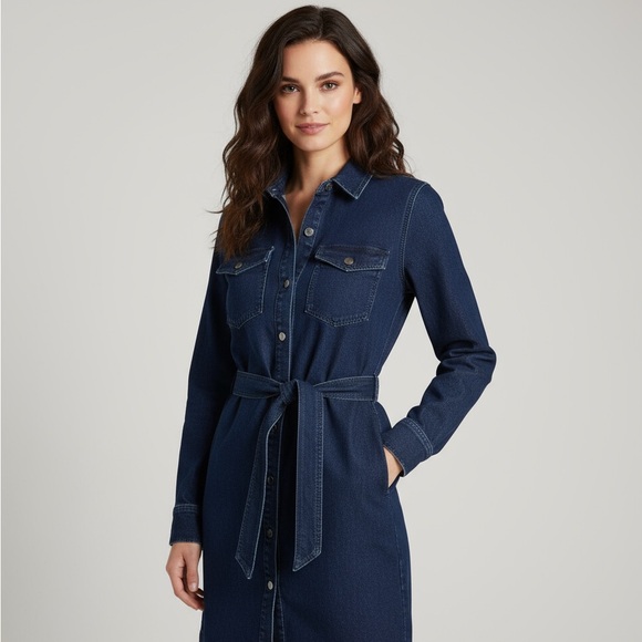 Joe Fresh Dresses & Skirts - Joe Fresh Dark Navy Long-Sleeve Denim Shirt Dress with Tie Waist